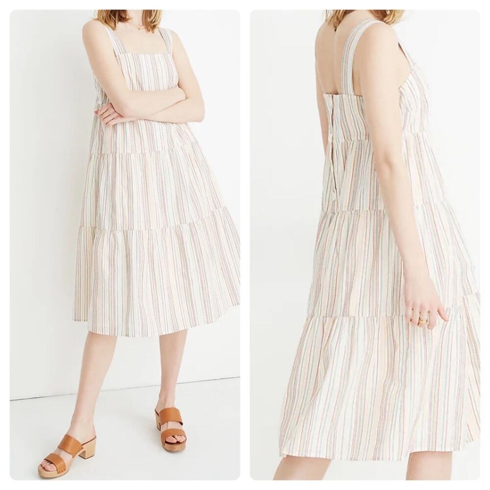 Madewell Button-Back Tiered Dress in Textural Rainbow Stripe